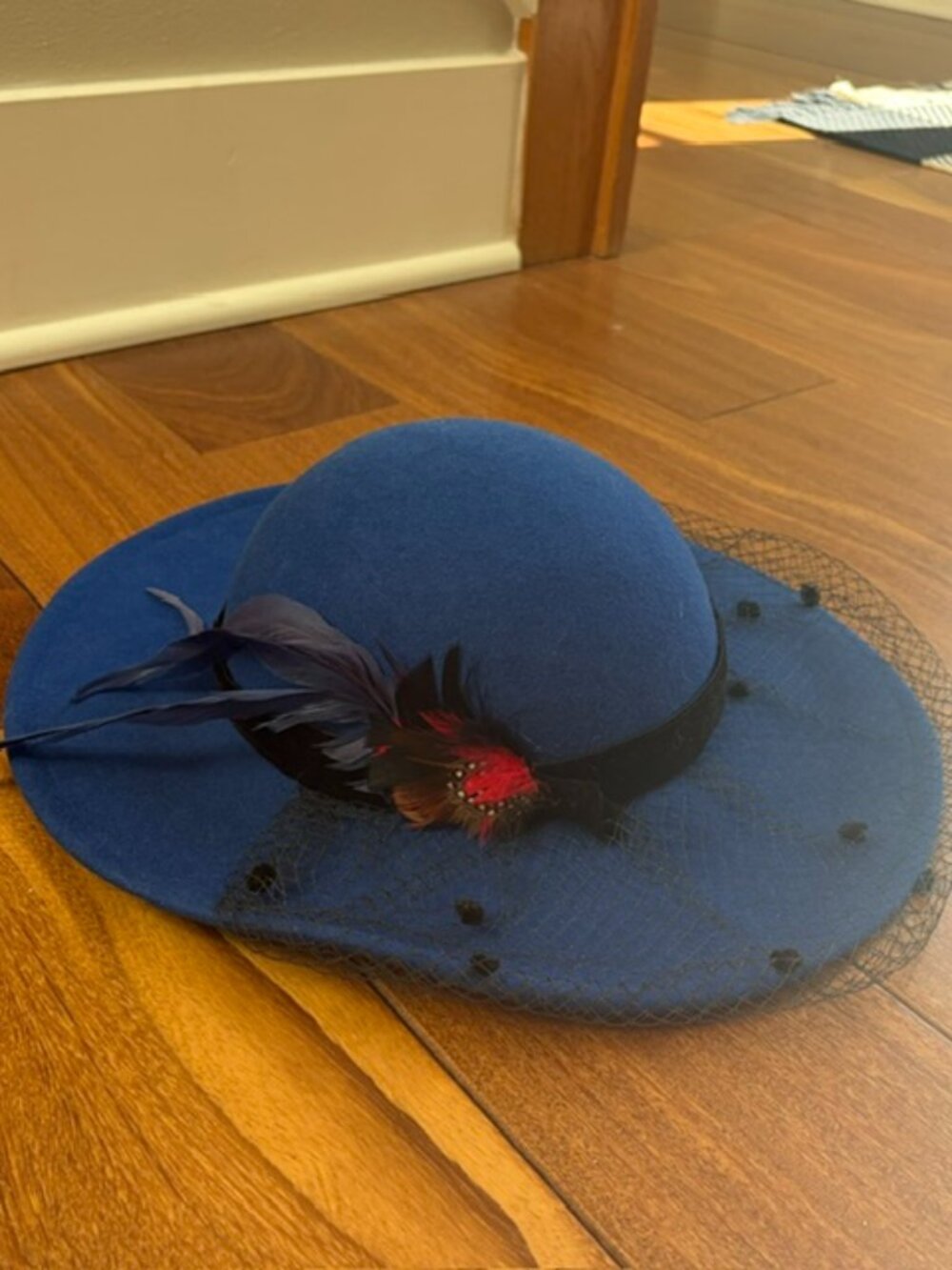 Betmar New York royal blue vintage wool hat with polka dot front veil w feathers
